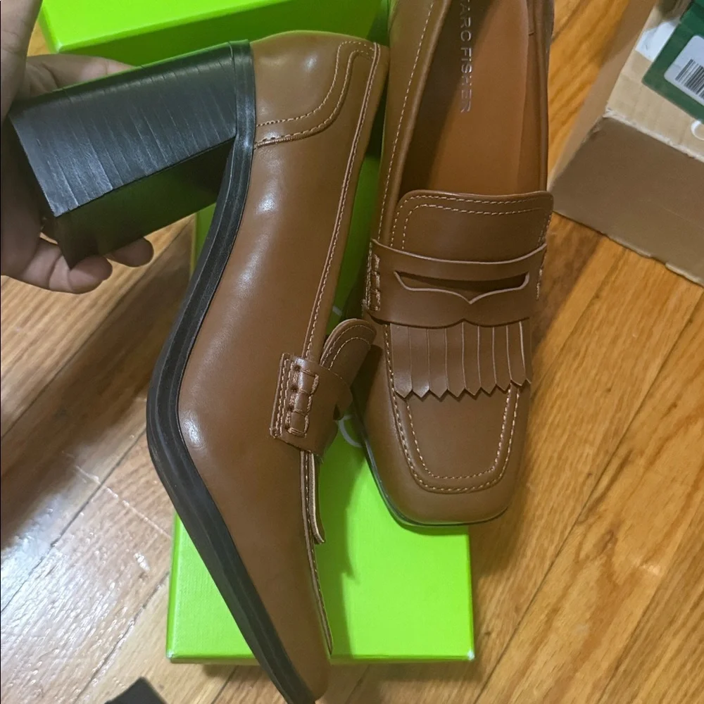 Marc Fisher Tan/Brown Kiltie Block Heel Loafers